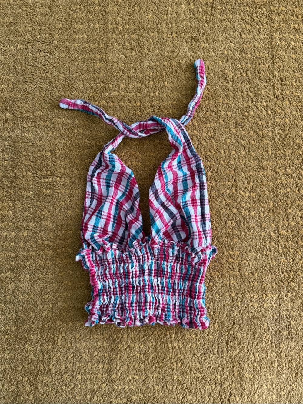 Francesca's Collections Pink Teal Plaid Halter Crop Top